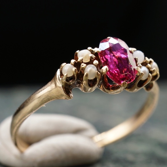 c.1880 Victorian Engagement Ring .52ct 6.5x4mm Natural Ruby Seed Pearls 14k - Picture 11 of 12